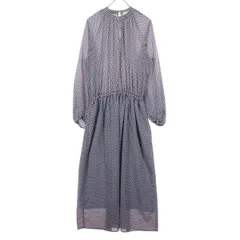 美品 UNITED ARROWS ユナイテッドアローズ 幾何学柄 長袖 ウエストギャザー バンドカラー ロングワンピース 36 ブルー系 レディース 古着