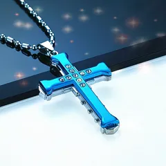 ネックレス 十字架 ラインストーン メンズ 60cm ブルー 金属 合金 ペンダント ヴィンテージアクセサリー 男女兼用 おしゃれ カジュアル ストリート系 t10318