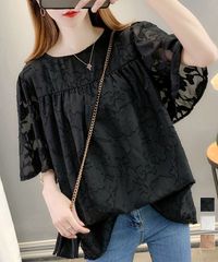 リフレクト 半袖 シフォンブラウス ライトグレー 15号 XL 接触冷感 