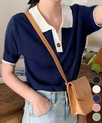 ポロニットトップス半袖ポロシャツVネック