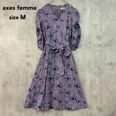 axes femme アクシーズファム IM361X20 ワンピース 膝丈 7分袖 パフスリーブ Vネック パールボタン Aライン リボン ウエストゴム 総柄 花柄 パープル Mサイズ ポリエステル100% 清楚系 上品 きれいめ フェミニン ★ ■◇