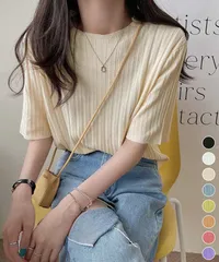 サマーニットトップス半袖 カットソー夏服