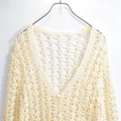 70〜80s Crochet Knit Cardigan クロシェニット 透かし編み Vネック ロングカーディガン ヴィンテージ ビンテージ アイボリー 古着 レディースL相当