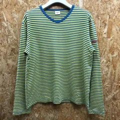 【中古】[印象BC] mizuno speedo ミズノ スピード メンズ Mサイズ イエロー×ブルーグリーン系 黄色×青緑 綿100% Tシャツ ボーダー 袖にロゴワッペン Vネック系 ロンT 長袖 カットソーのサムネイル