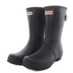 ハンター HUNTER ORIGINAL BACK ADJ SHORT レインブーツ ミドル ラバー US7 ブラック /YO4