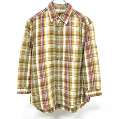 【中古】[印象AB] FREAK'S STORE フリークスストア シャツ メンズ M マルチカラー 緑系×茶系×紫系×白 麻100% ロングテール 7分袖 チェック ボタンダウン 胸ポケットのサムネイル