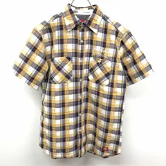 【中古】[印象A] Dickies ディッキーズ シャツ メンズ S イエロー系×ネイビー×レッド×ホワイト 綿×ポリ 一部クレープ ロングテール チェック ロゴ刺繍 英字 文字 半袖 両胸ポケットのサムネイル