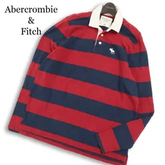 Abercrombie&Fitch アバクロンビー＆フィッチ 長袖 ボーダー ロゴ刺繍 ラガーシャツ ポロシャツ 大きいサイズ Sz.XXL メンズ