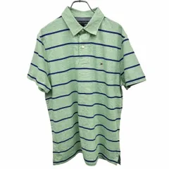 古着 トミーヒルフィガー TOMMY HILFIGER ポロシャツ ボーダー Tシャツ生地 半袖 ポケット無し 綿100% M ヘザーグリーン 杢緑×青 メンズ