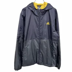 古着 アディダス adidas 少し薄手 パーカー ジャケット 微起毛裏地 ジップアップ 長袖 ロゴ刺繍 ポリ100% L ネイビー 紺×緑×黄 メンズ