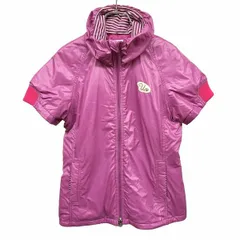 【中古】[印象A] UNTITLED アンタイトル ジャケット レディース M パッションピンク ナイロン100% ラインストーンのロゴ 袖の一部がリブ ダブルジップ 裾に調節ゴム 内ポケット無し 少し薄手 中綿 ハイネック 一部ボーダー ラグラン 半袖のサムネイル