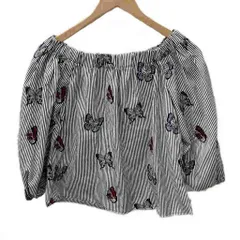 ザラ ベーシック ZARA BASIC ブラウス 半袖 7分袖 ストライプ柄 蝶々 刺繍 XS 白 ホワイト グレー 2521/426/070