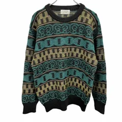 古着 シンプルライフ SIMPLE LIFE ニット セーター ボーダー レトロ柄 長袖 丸首 ロングスリーブ 毛×アクリル M ブラック 黒×緑×茶 メンズ