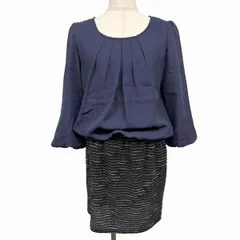 【新品】ロペピクニック  ワンピース 胸元タック 7分袖 バルーンスリーブ ポリなど 38 ネイビー 紺×黒(一部光沢感)×シルバー レディース