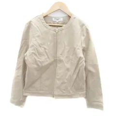 ナチュラルビューティーベーシック NATURAL BEAUTY BASIC フェイクレザージャケット ノーカラー ミドル丈 M ベージュ /HO33