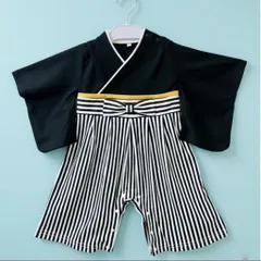 【プレゼント付き】　羽織はかまロンパース カバーオール　男の子　  60.70.80.90cm　ブラック&ホワイト/　T1