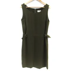 ルーニィ LOUNIE ジャンパースカート ワンピース ひざ丈 ラウンドネック ストライプ柄 カーキ /SM16