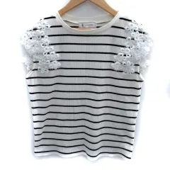ロペピクニック ROPE Picnic カットソー ノースリーブ ラウンドネック ボーダー柄 刺繍 レース リブ 40 L 白 ホワイト 黒 ブラック /SM26