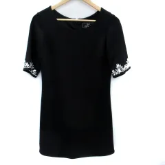 レディ Rady ワンピース ひざ丈 五分袖 ラウンドネック ビジュー M 黒 ブラック /SM47