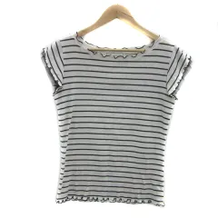 ロペピクニック ROPE Picnic リブカットソー ノースリーブ フレンチスリーブ ラウンドネック ボーダー柄 フリル チュール 38 M 白 ホワイト 黒 ブラック /YS15