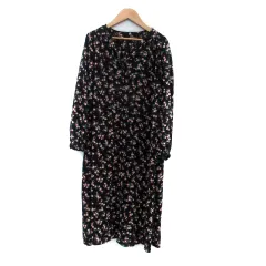 ナチュラルビューティーベーシック NATURAL BEAUTY BASIC シャツワンピース Vネック 長袖 ミモレ丈 花柄 M マルチカラー 黒 ブラック /HO29