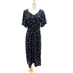 ヘザー Heather ワンピース ロング丈 マキシ丈 半袖 Vネック 花柄 リボン F 紺 ネイビー /SY47
