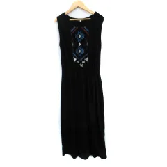 グローバルワーク GLOBAL WORK ワンピース マキシ丈 ロング丈 ノースリーブ ラウンドネック ネイティブ柄 刺繍 M 黒 ブラック /SM8