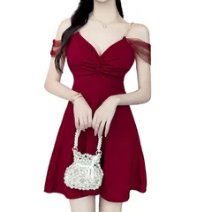 [Takusan Shopping] フレアドレス パール ミニドレス キャバ オフショルダー 胸元セクシー ミニワンピース ミニタイト 肩紐 カシュクール (JP, アルファベット, M, レッド) [レッド] [M]