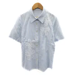 キャラオクルス CARA O CRUZ シャツ ブラウス 半袖 花刺繡 ストライプ柄 ライトブルー 白 ホワイト /YK35