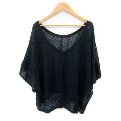 キューティーブロンド Cutie Blonde ニットカーディガン ミドル丈 五分袖 透かし編み ラウンドネック F 紺 ネイビー /SY23