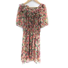 エフデ ef-de ワンピース ひざ丈 半袖 ラウンドネック 総柄 フリル シースルー 9 マルチカラー ベージュ 赤 レッド /SM39