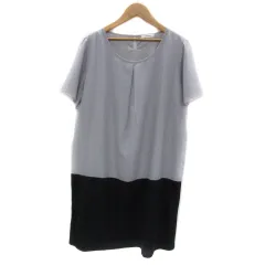 オフオン ofuon ワンピース ミモレ丈 半袖 ラウンドネック ストライプ柄 無地 切替 大きいサイズ 15 グレー 紺 ネイビー /YS16