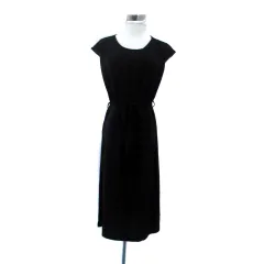 ドゥクラッセ DoCLASSE ワンピース ラウンドネック 半袖 ミモレ丈 リボンベルト付き M 黒 ブラック /HO36