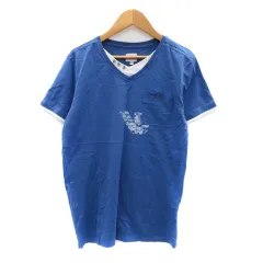 アルマーニ ジュニア ARMANI Jr Tシャツ カットソー Vネック 半袖 プリント レイヤード風 16A 175cm 青 ブルー オフホワイト /HO23 男の子