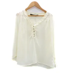 ザラ ZARA ブラウス カットソー Vネック 長袖 フリル M アイボリー /HO30