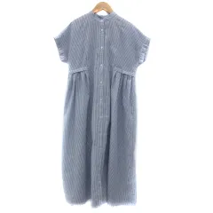 ディスコート Discoat シャツワンピース マキシ丈 ロング丈 半袖 バンドカラー ストライプ柄 オーバーサイズ F 水色 ライトブルー 白 ホワイト /YS18