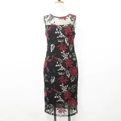 カルバンクライン CALVIN KLEIN ワンピース フォーマル パーティー 発表会 ノースリーブ 丸首 ひざ下丈 レース 刺繍 花柄 黒 赤 ブラック レッド 4 ☆AA★