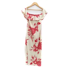 ザラ ベーシック ZARA BASIC ワンピース ラウンドネック ノースリーブ ひざ丈 花柄 S ベージュ 赤 レッド /HO6