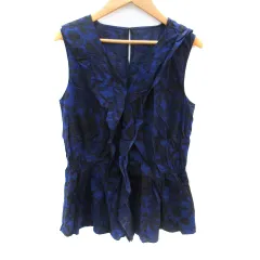 ボールジー BALLSEY トゥモローランド カットソー ノースリーブ Vネック フリル 総柄 ペプラム 36 S 青 ブルー 黒 ブラック /SM13