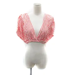 ザラ ZARA ブラウス カットソー ショート丈 ノースリーブ カシュクール ストライプ柄 リボン S オレンジ 白 ホワイト /SY44