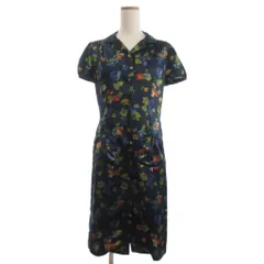 アニエスベー agnes b. シャツ ワンピース 開襟 ひざ丈 花柄 サテン 総柄 半袖 38 紺 ネイビー ■GY14