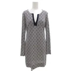 ダイアンフォンファステンバーグ DIANE von FURSTENBERG ワンピース 長袖 ひざ丈 Vネック 総柄 絹 シルク 4 紺 ネイビー 白 ホワイト /GV