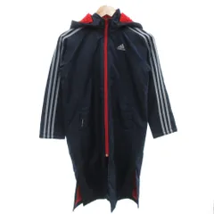 アディダス adidas ベンチコート ロング フード付 中綿 裏地ボア ジップアップ ライン ロゴ刺繍 140 紺 ネイビー /GV
