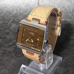 シチズン エコドライブ電波時計H416-S055251スクエア稼働品【CITIZEN EcoDriveソーラー電波腕時計メンズ レザーベルト 四角型押し ブラウン シルバー 希少デザイン 仕事 ビジネスカジュアル レトロクラシックモダン動作OKアナログデイト】