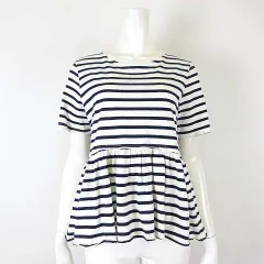 ザラ ZARA カットソー プルオーバー ペプラム ボーダー柄 クルーネック コットン 半袖 M オフ白 紺 ネイビー