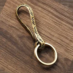 真鍮 キーフック キーリング アラベスク 唐草模様 フック式 キーホルダー ダブルリング 二重リング付き ブラス 古美仕上げ ヴィンテージ ゴールド メンズ レディース ベルトループ バッグ装着 アメカジ アウトドア 経年変化 ハンドメイド風 ギフト プレゼン