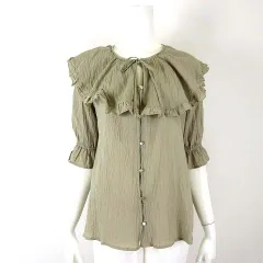 レトロガール RETRO GIRL ブラウス シャツ 前後2way フリル襟 リボン ビッグカラー シワ加工 コットン キャンディースリーブ 5分袖 半袖 M カーキ