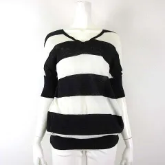 ドゥーズィエムクラス DEUXIEME CLASSE ニットカットソー サマーニット Vネック ボーダー柄 麻 リネン コットン リブ袖 ドルマン 半袖 F 白 ホワイト 黒 ブラック