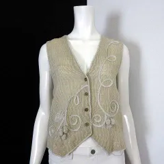 シャミーデポ Chamois Depo ベスト サマーニット メッシュ 透かし編み 切替 コード刺繍 ナチュラル 装飾ボタン Vネック リネン コットン M 9 ベージュ 杢アイボリー