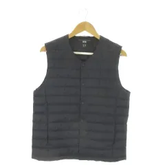 ユニクロ UNIQLO ULTRA LIGHT DOWN ダウンベスト L 紺 ネイビー ノーカラー Vネック ポケッタブル /AO28 ■GY99